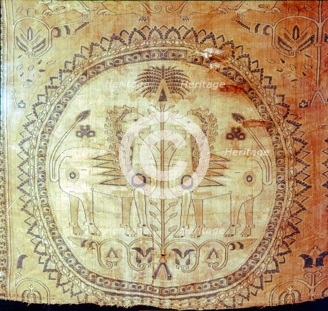 Silk cloth with lions and Palm Trees, Buk Kham region, central Asia, 8th-9th century. Artist: Unknown.