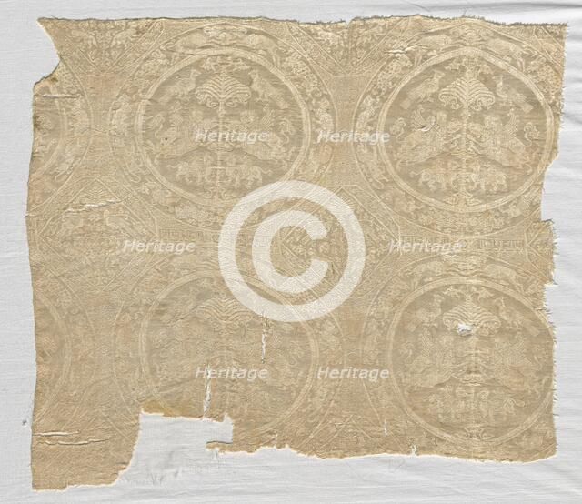 Silk fragment with confronted animal medallions and kufic bands, 1480-1649. Creator: Unknown.