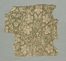 Silk fragment with scrolling vines, grape leaves, grapes and birds, 1325-1350. Creator: Unknown