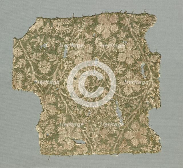 Silk fragment with scrolling vines, grape leaves, grapes and birds, 1325-1350. Creator: Unknown.