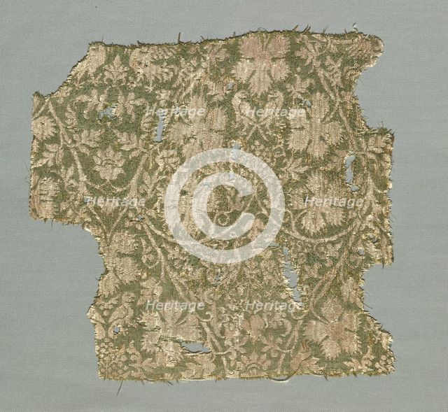 Silk fragment with scrolling vines, grape leaves, grapes and birds, 1325-1350. Creator: Unknown.
