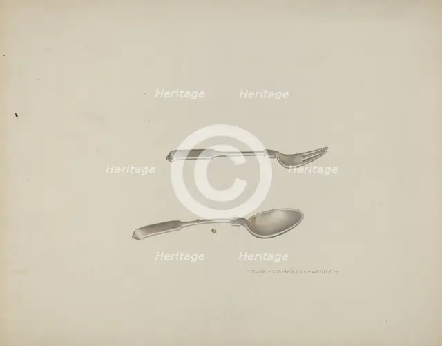 Silver Baby Spoon and Fork, c. 1939. Creator: Rose Campbell-Gerke.