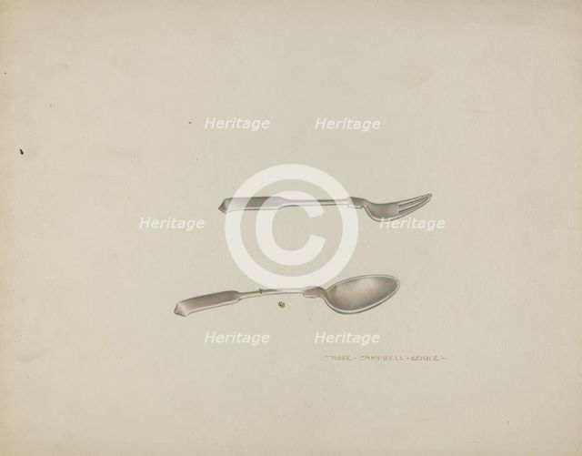 Silver Baby Spoon and Fork, c. 1939. Creator: Rose Campbell-Gerke.