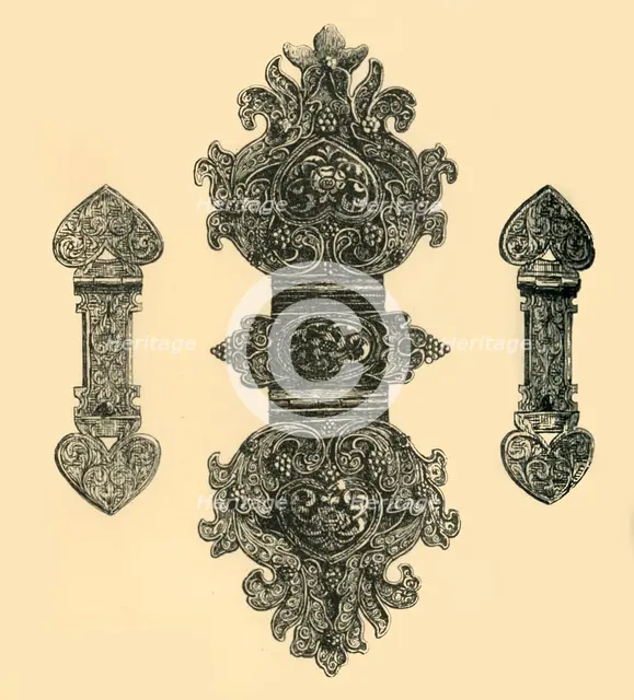 Silver book clasps, (1881).  Creator: W E Mackaness.