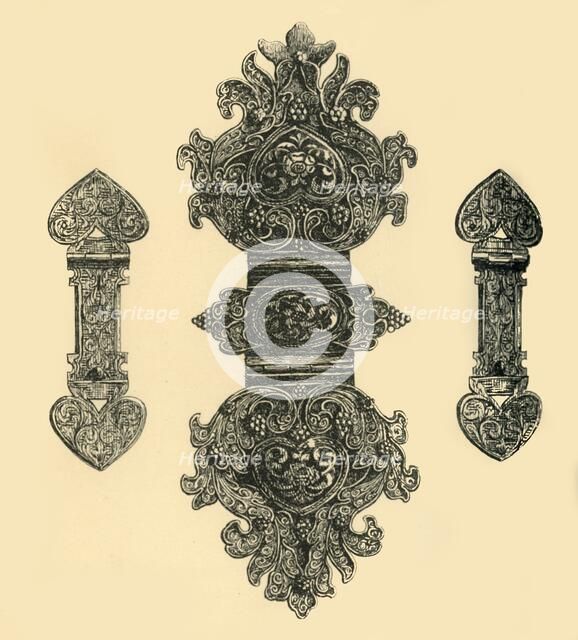 Silver book clasps, (1881).  Creator: W E Mackaness.