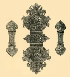 Silver book clasps, (1881). Creator: W E Mackaness