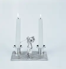 Silver candleholder with female golfer figure, 1930s. Creator: Unknown
