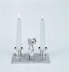 Silver candleholder with female golfer figure, 1930s. Creator: Unknown