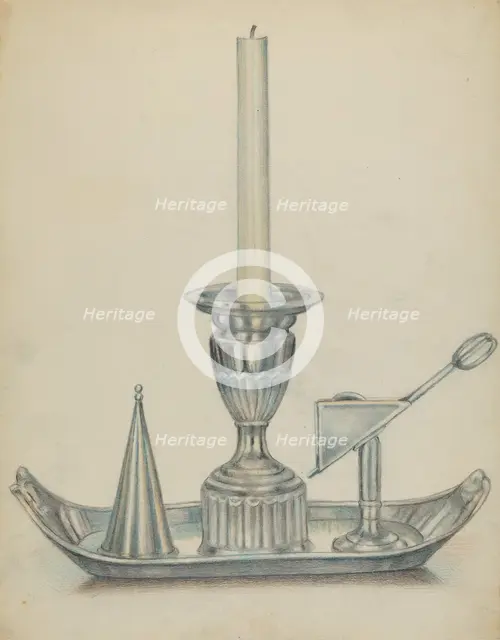 Silver Candlestick with Two Snuffers, c. 1936. Creator: Herbert Russin.