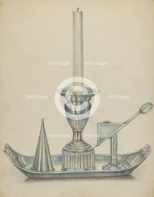 Silver Candlestick with Two Snuffers, c. 1936. Creator: Herbert Russin.