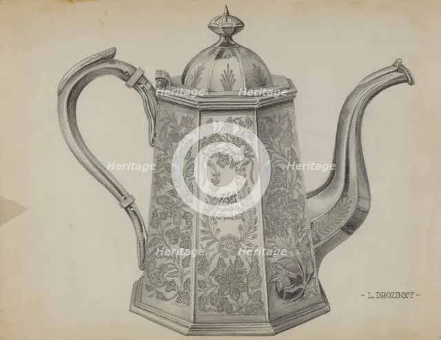 Silver Chocolate Pot, c. 1936. Creator: Leo Drozdoff.