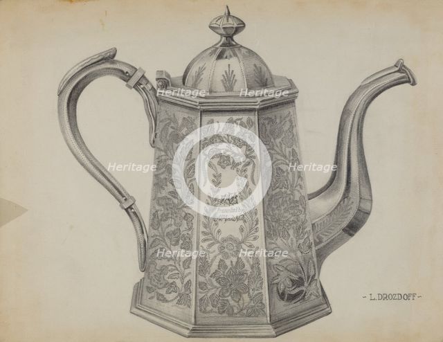Silver Chocolate Pot, c. 1936. Creator: Leo Drozdoff.