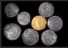 Silver coins and gold doble excelente of Ferdinand and Isabella, Spanish, c1479-1504. UPSIDE DOWN Creator: Unknown