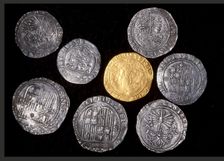 Silver coins and gold doble excelente of Ferdinand and Isabella, Spanish, c1479-1504. UPSIDE DOWN Creator: Unknown