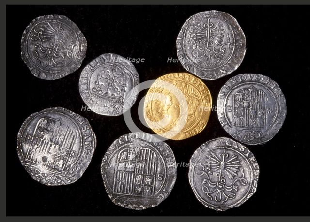 Silver coins and gold doble excelente of Ferdinand and Isabella, Spanish, c1479-1504. UPSIDE DOWN Creator: Unknown.