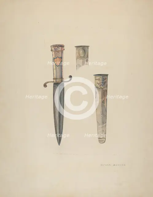 Silver Dagger and Sheath, c. 1940. Creator: Oscar Bluhme.
