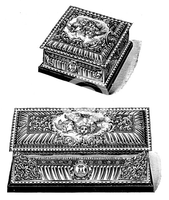 Silver gilt caskets for the toilet-table presented to the Duchess of York by Mr. Walter Mappin, 1895 Creator: Unknown.