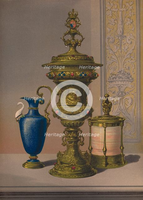 'Silver Gilt & Jewelled Vase, Porcelain Vase, Cigar Casket', 1863. Artist: Robert Dudley.