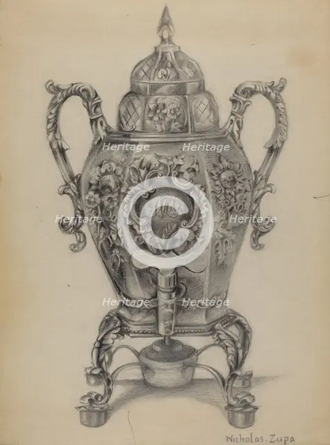 Silver Hot Water Urn, c. 1936. Creator: Nicholas Zupa.