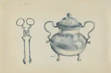 Silver Sugar Bowl and Tongs, c. 1936. Creator: Margaret Stottlemeyer