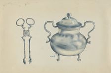 Silver Sugar Bowl and Tongs, c. 1936. Creator: Margaret Stottlemeyer