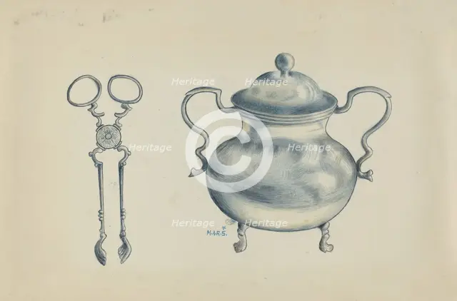 Silver Sugar Bowl and Tongs, c. 1936. Creator: Margaret Stottlemeyer.