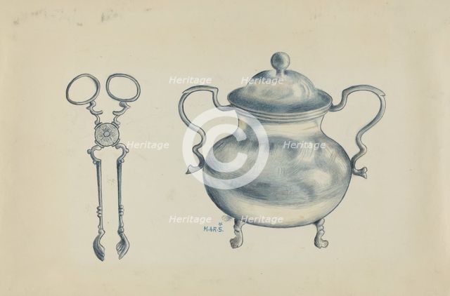 Silver Sugar Bowl and Tongs, c. 1936. Creator: Margaret Stottlemeyer.