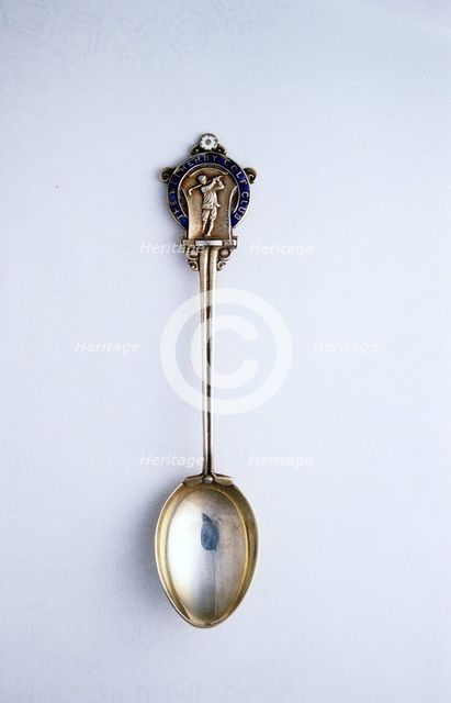 Silver spoon with golfing shield, British, c1910-c1920s. Creator: Unknown.