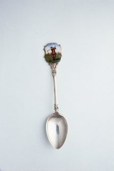 Silver spoon with enamelled shield with golfing theme, London, 1918. Creator: Unknown