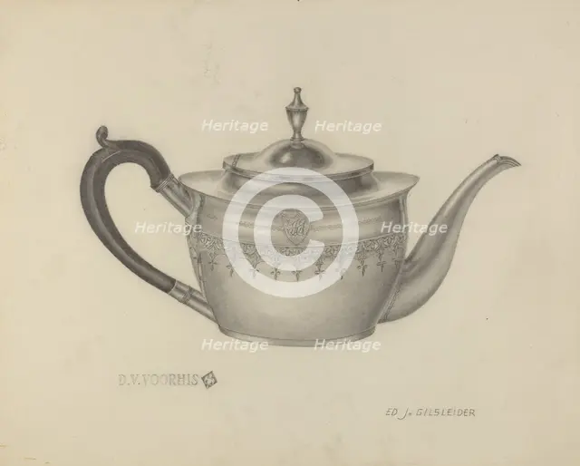 Silver Teapot, 1935/1942. Creator: E. J. Gilsleider.