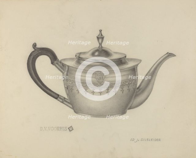 Silver Teapot, 1935/1942. Creator: E. J. Gilsleider.