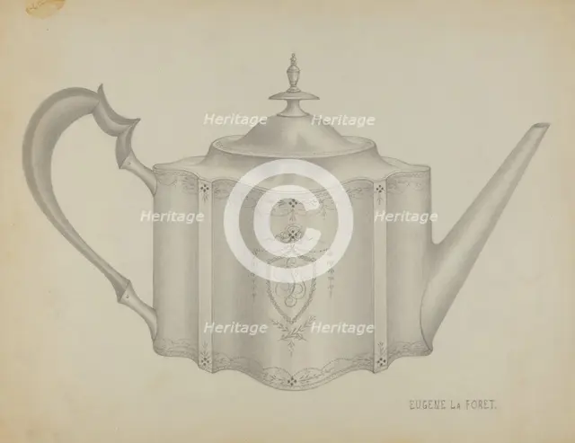 Silver Teapot, 1935/1942. Creator: Eugene La Foret.