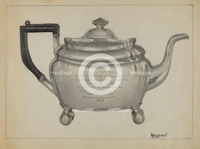 Silver Teapot, 1935/1942. Creator: Michael Fenga.