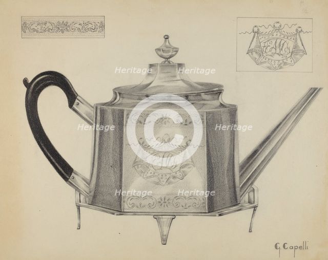 Silver Teapot with Tray, c. 1936. Creator: Giacinto Capelli.