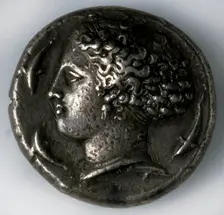 Silver tetradrachma from Syracuse (obverse: a goddess with dolphins), 5th-4th century BC