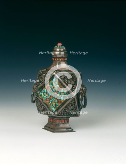 Silver wine pot with coral and turquoise inlays, Mongolia, 19th century. Artist: Unknown