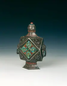 Silver wine pot with coral and turquoise inlays, Mongolia, 19th century. Creator: Unknown