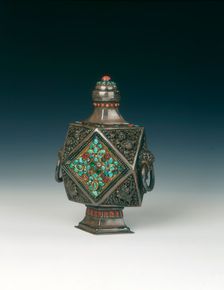 Silver wine pot with coral and turquoise inlays, Mongolia, 19th century