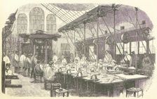 Silversmiths at work at the Christophle Flatware Factory in Paris, pub. 1875. Creator: Edmond Morin (1824 - 1882)