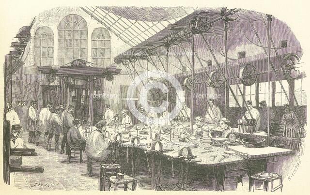 Silversmiths at work at the Christophle Flatware Factory in Paris, pub. 1875. Creator: Edmond Morin (1824 - 1882).