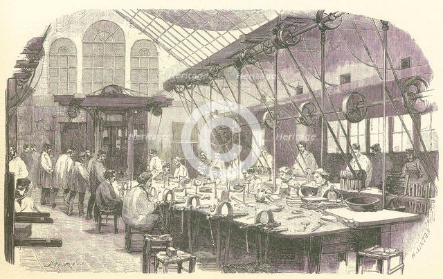 Silversmiths at work at the Christophle Flatware Factory in Paris, pub. 1875. Creator: Edmond Morin (1824 - 1882).