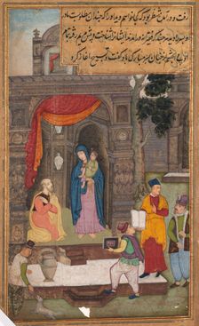 Simeon Kneels in Front of Mary and Jesus After Recognizing Them, from a Mirror of Holiness..., 1602- Creator: Unknown