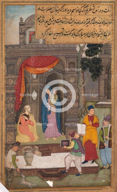 Simeon Kneels in Front of Mary and Jesus After Recognizing Them, from a Mirror of Holiness..., 1602- Creator: Unknown.