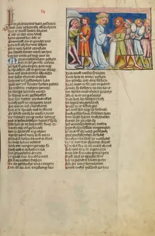 Simeon Taken Prisoner While Joseph's Other Brothers Return to Canaan; Weltchronik, about 1400-1410. Creator: Unknown