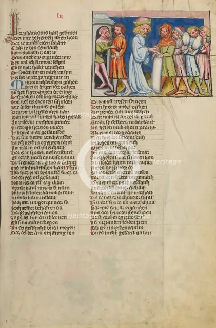 Simeon Taken Prisoner While Joseph's Other Brothers Return to Canaan; Weltchronik, about 1400-1410. Creator: Unknown.