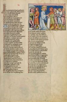 Simeon Taken Prisoner While Joseph's Other Brothers Return to Canaan; Weltchronik, about 1400-1410. Creator: Unknown