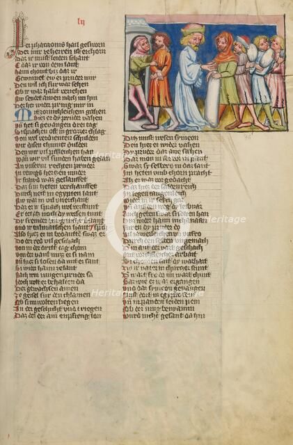 Simeon Taken Prisoner While Joseph's Other Brothers Return to Canaan; Weltchronik, about 1400-1410. Creator: Unknown.