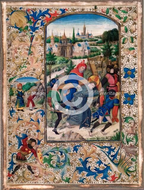 Simon Assists in Carrying The Cross-One of four Illuminated pages from a Book of Hours, c1430-1450. Creator: Unknown.