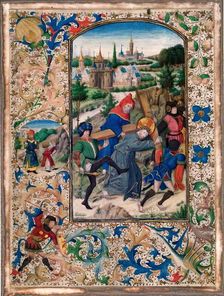 Simon Assists in Carrying The Cross-One of four Illuminated pages from a Book of Hours, c1430-1450. Creator: Unknown