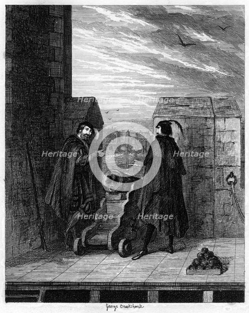 Simon Renard and Winwike the warden on the roof of the White Tower, 1553 (1840).Artist: George Cruikshank